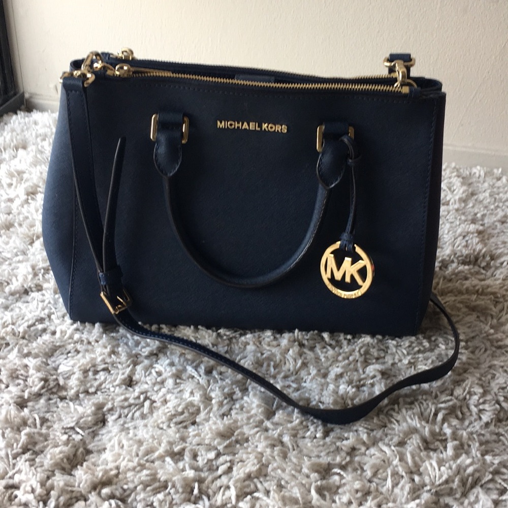 Michael Kors Navy Blue Saffiano Leather Satchel with Gold Hardware